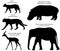 Silhouettes of animals of Africa serval, cheetah, gerenuk, hippo, elephant