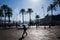 Silhouettes of Biosfera zoo, building of aquarium of Genova, ferryboat and palm trees against blue sky