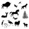 Silhouettes of bison, sheep, lamb, lynx, squirrel, herons, swallows, fallow deer, horse vector