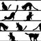 Silhouettes of black cats in various poses seamless vector pattern. Cute kittens walk on stripes. Pets play