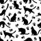 Silhouettes of black cats in various poses seamless vector pattern. Pets walk, play, hunt, sit, wash. Cute kittens