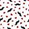 Silhouettes of black men`s mustaches and red hearts scattered on a white background. Seamless pattern.