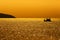 Silhouettes boat golden sea