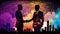 Silhouettes of businessmen shaking hands. Hexagon Landscape filled with geometric city skyline. Business deal in abstract