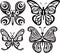 Silhouettes of butterflies with open wings tracery. Black and white drawing. Dining decor