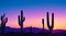 Silhouettes of cacti against a gradient sky blending from deep purple to neon blue at sunset