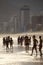 Silhouettes of Carioca Brazilians Standing Ipanema Beach Sunset