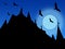 Silhouettes of castle roofs with  weather vanes and flying bats on moon and sky background