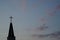 Silhouettes of Catholic Christian church steeple and flying birds on twilight sky in Bucharest