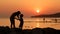 Silhouettes of child and his mother against sunset