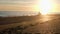 Silhouettes of children playing on the beach at sunset