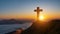 Silhouettes of Christian cross symbol on top mountain at sunrise sky background. Concept of Crucifixion Of Jesus Christ