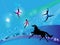 Silhouettes of circus trapeze artists and a horse