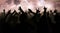 Silhouettes of concert crowd with hands raised at a music disco