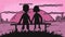 Silhouettes of a couple in love kissing on a pink sunset cartoon animation