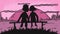 Silhouettes of a couple in love kissing on a pink sunset looped cartoon animation