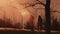 Silhouettes of couple in love, romantic landscape with sunset in winter, valentine day concept