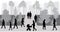 Silhouettes of crowd of people walking in park. Vector illustration