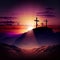 Silhouettes of crucifix symbol on top mountain with bright sunbeam on the colorful sky background