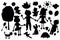 Silhouettes of cute child\'s life including pets, toys, plants