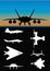 Silhouettes of different types of military aircraft on black background