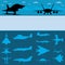 Silhouettes of different types of military aircraft on blue background