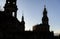 Silhouettes of Dresden Cathedral of Trinity Hofkirche and Dresden Castle Hausmannsturm. Dresden, Germany. November 2019