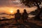 Silhouettes of a elderly couple admiring beautiful view on sunset. Senior man and woman looking at scenic evening landscape