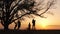 Silhouettes of family holding the hands and running in the meadow during sunset.