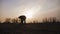 Silhouettes father and little son with ball playing soccer on the meadow at the sunset time. Concept of friendly family.