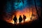 Silhouettes of firefighters put out a fire in the forest, generative ai