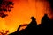 Silhouettes of firemen on a roof of a burning house