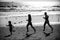 Silhouettes of fitness family running near sea.