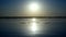 Silhouettes of a flock of wild ducks at sunrise on water