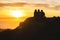 Silhouettes of friends travelers on top of a hill watching a beautiful sunset and talking, California