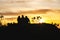 Silhouettes of friends travelers on top of a hill watching a beautiful sunset and talking, California