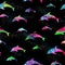 Silhouettes of galaxy dolphin on a black background seasmless pattern