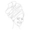 Silhouettes of a girl's head in a turban, a scarf, a towel. Woman face in modern one line style. Solid line