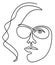 Silhouettes of the girl`s head. Woman face in modern one line style. Lady with glasses. Continuous line drawing, aesthetic outline