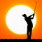 Silhouettes golfers with sunset