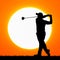 Silhouettes golfers with sunset