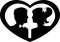 Silhouettes of groom and bride in heart. Black against white background. Vector