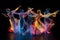 Silhouettes of group dancing people in colored smoke or shine on black background. Abstract luminescent dance