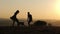 Silhouettes of happy couple playing running with their cute dog during sunset