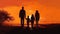 Silhouettes of happy family on the beach before sunset created with generative AI technology