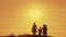 Silhouettes of happy family going at sunset