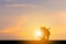 Silhouettes of Happy father and daughter playing at sunset evening sky background