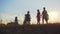 Silhouettes of a happy large family with a dog are walking against the background of the evening sun.