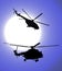 Silhouettes of helicopters in the night