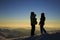 Silhouettes of the hikers in the Carpathian mountains